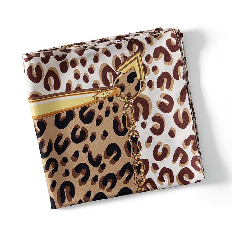 POBING Twill Silk Scarf Women Leopard Print Square Scarves Large Bandana Luxury Kerchief Hijab Female Head Scarf Foulard 130CM