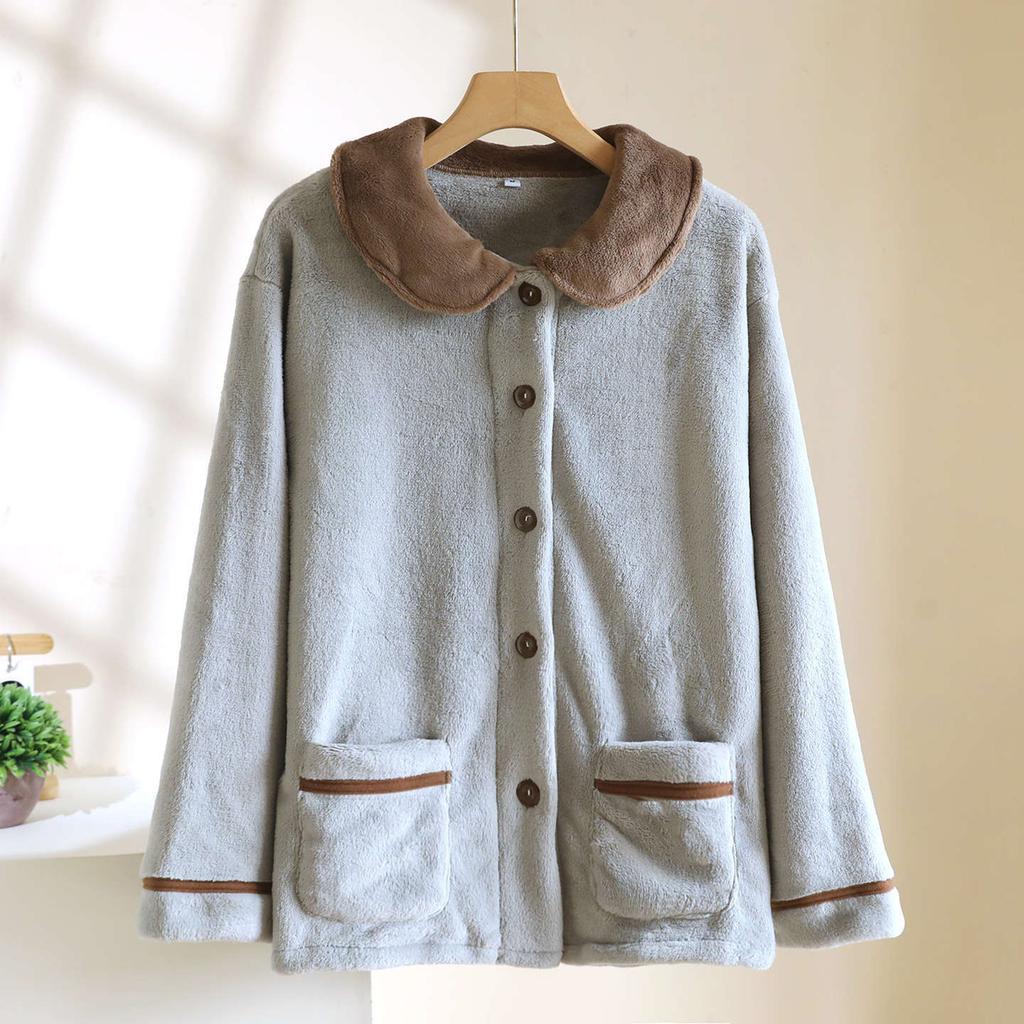Women's Color Blocked Fashionable Long Sleeved Pocket Cardigan Flannel Warm Sleepwear Jacket