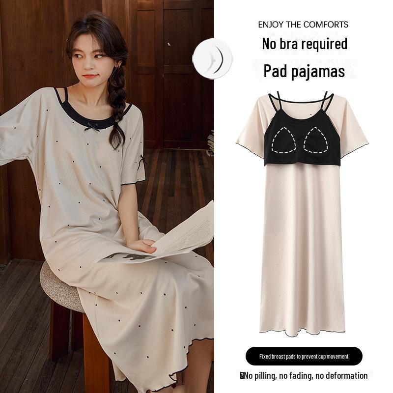 

Женская летняя ночная рубашка из двух частей из ледяного шелка с накладками на грудь - с короткими рукавами, милая, длиной до колена M (40-50kg)