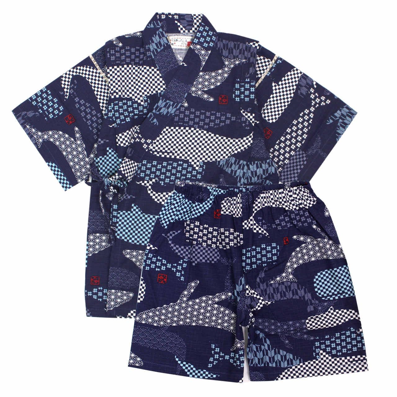 

Jinbei детский детский костюм для мальчиков из хлопка японской ткани для фестиваля, верх и низ для детей Jinbei JB100B 100 см [Happy] 100% китовый/темно-синий-9879