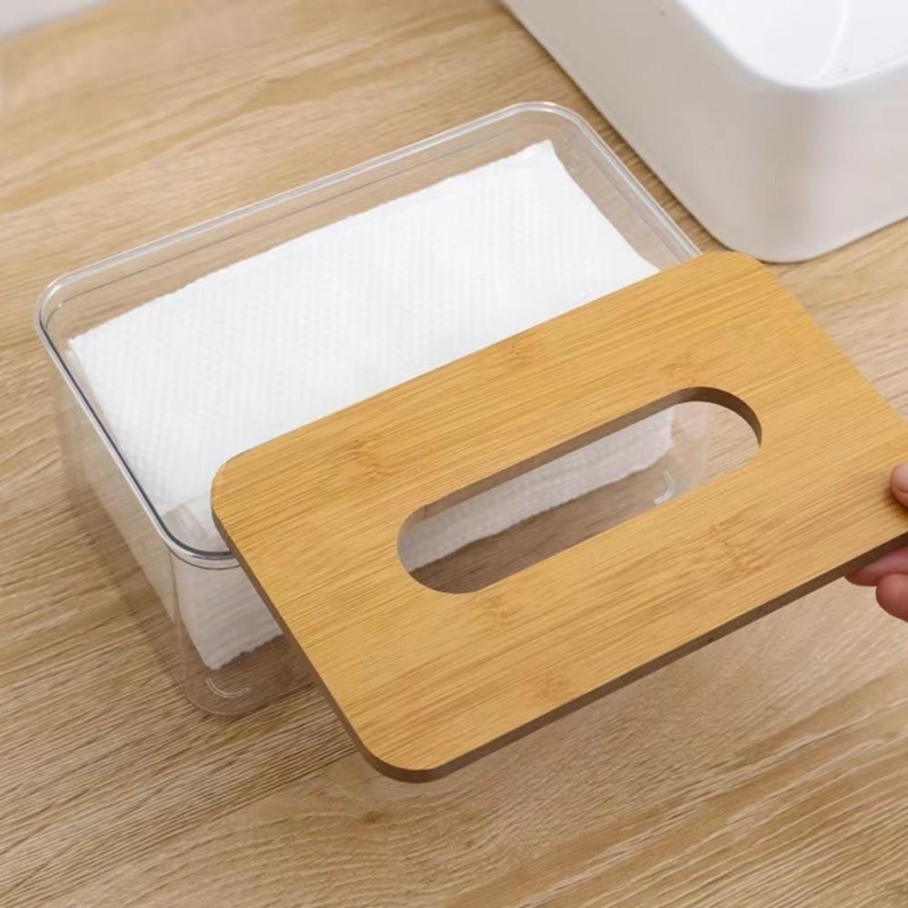 Plastic Clear Tissue Box Wooden Cover Transparent Paper Towel Box Multifunctional Durable Napkin Holder Household Use