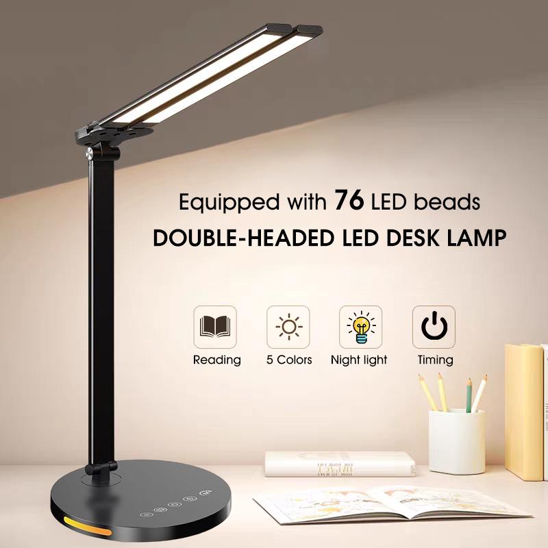 Dual Swing Arm LED Desk Lamp, Eye-Caring Foldable Desk Light with USB Charging Port, LED Table Lamp for Home Office Lighting
