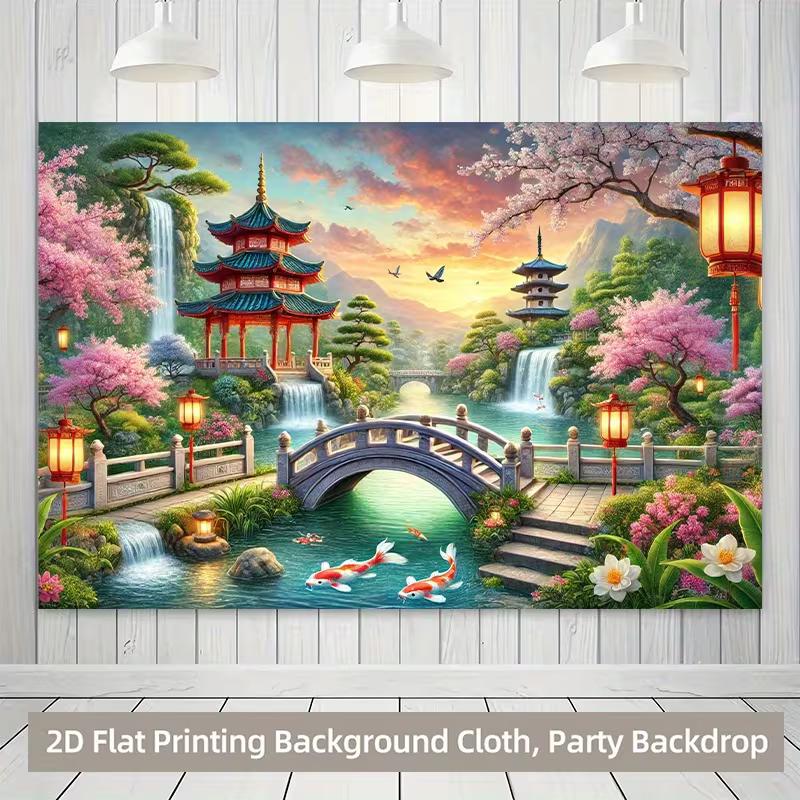 2D Vibrant Koi Fish Temple Backdrop for Studio & Party Decoration