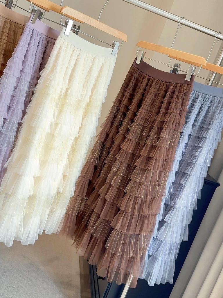 Super Fairy Mesh Patchwork Lurex A-Line Cake Skirt – 2025 Spring/Autumn Fluffy Mid-Length Tulle Skirt