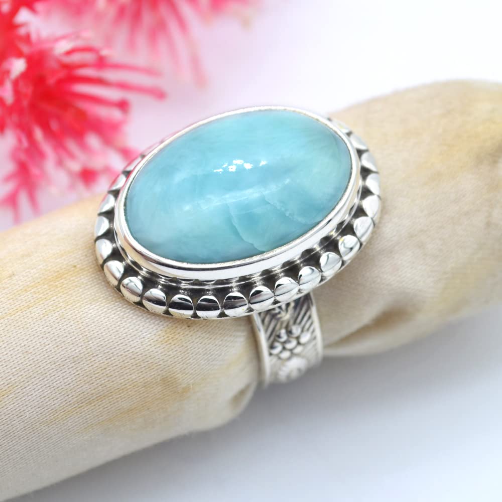 Larimar Ring mit Edelstein 925 Sterling Silber Ring handgefertigter Stein massiver Boho Chic Stein geflochtener Schmuck für Frauen – 8,9 g
