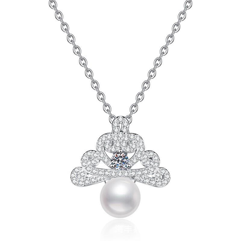 Elegant Crown Pendant Necklace With Lab-Created Moissanite Natural Freshwater Pearl On Sterling Chain 925 Sterling Silver