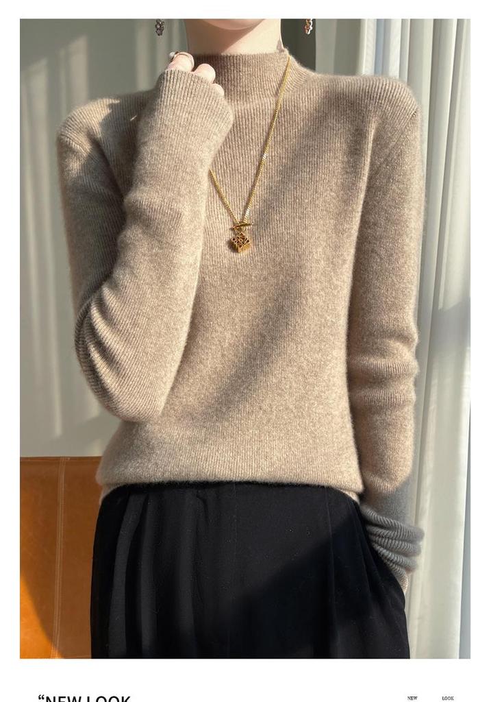 Jersey de Punto de Manga Larga Ajustado para Mujer con Cuello Alto - Color Sólido, Alta Elasticidad, Capa Base Otoño/Invierno.