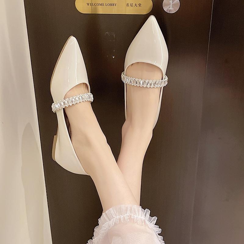 Autumn New Rhinestone Pointed Flat Shoes Women's Shallow Mouth Inner Height Increase Single Shoes Commuting Soft Sole Mary Jane