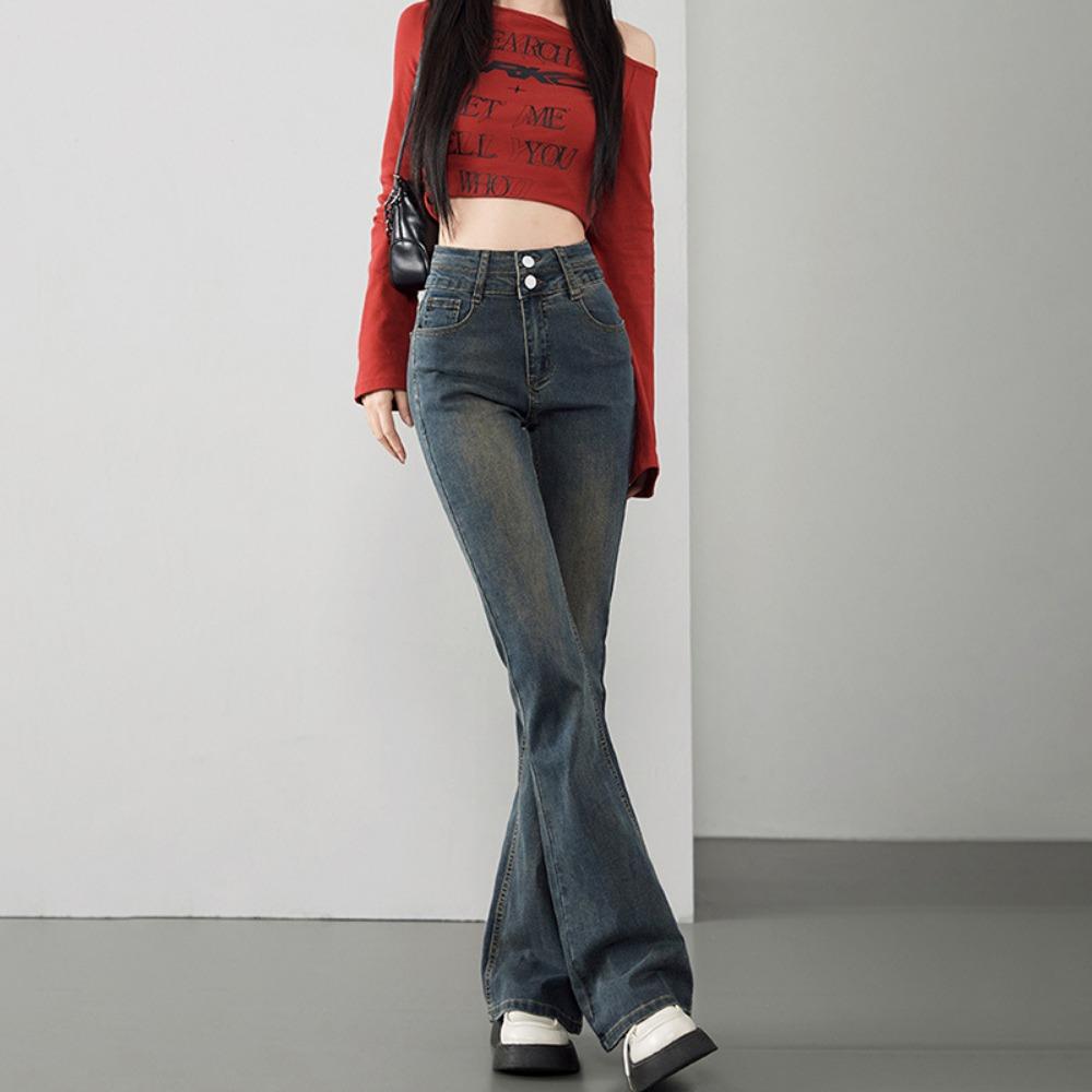 Jeans Lavati High Street Donna Autunno Vita Alta Versatili Skinny Pantaloni a Zampa Piccola Pantaloni a Ferro di Cavallo