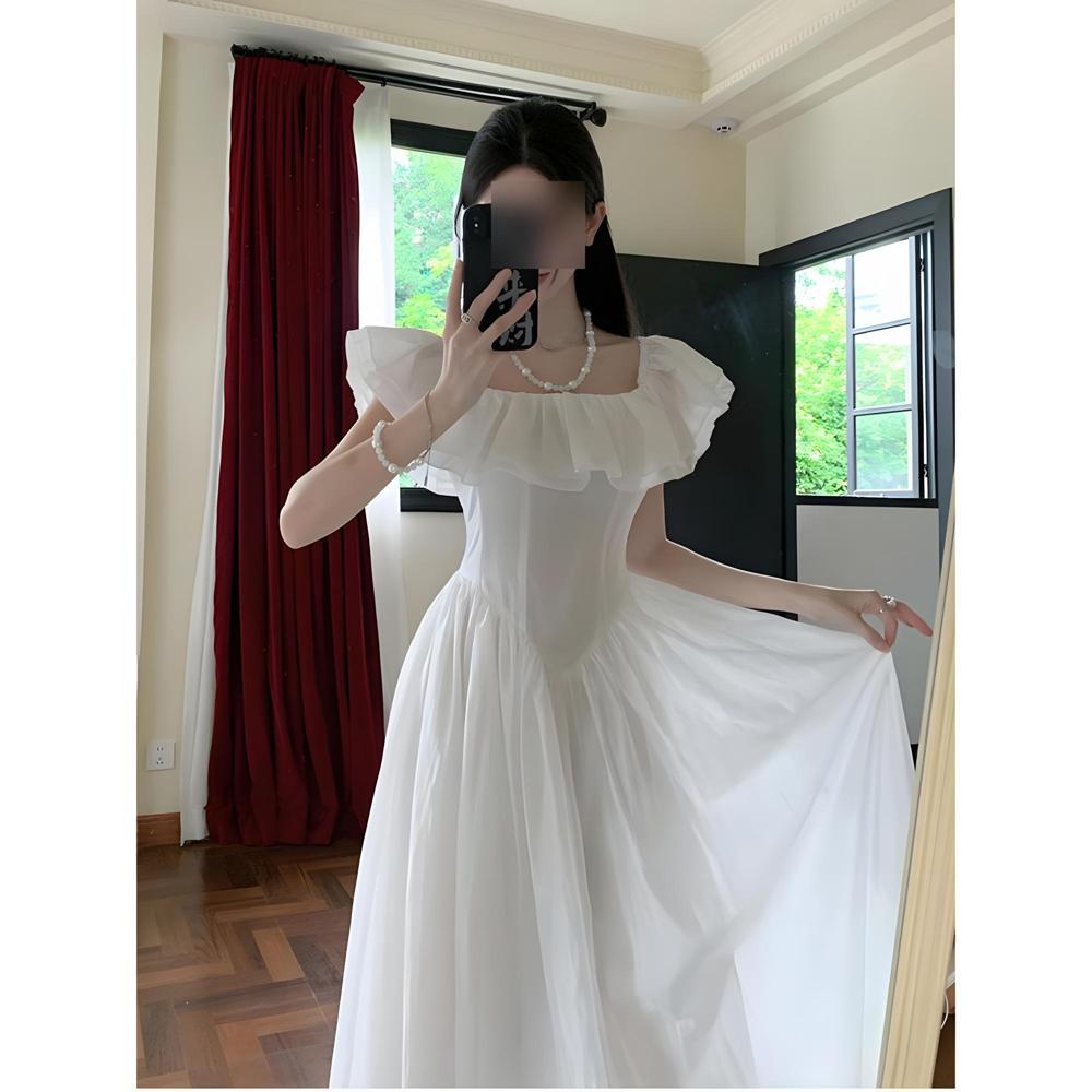 One-word Collar Waist Small Fresh Long Skirt Dress Women's Summer New Thin Cover Meat