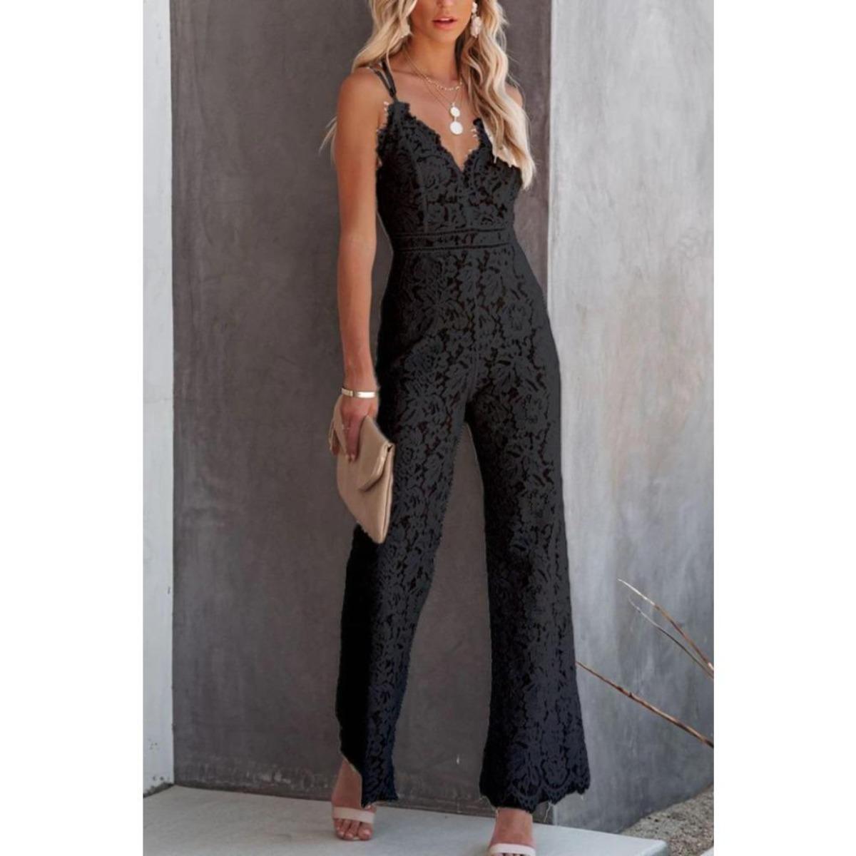 Women s V Neck Lace Spaghetti Strap Wide Leg Jumpsuit XS
