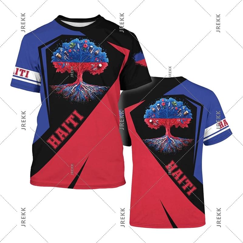 Haïti Vlagdag Korte Mouw T-shirt Voor Mannen Vrouwen Festival Straat Populaire Kleding Ronde Hals T-shirts 18 Mei Rood Blauw Print Tee Top