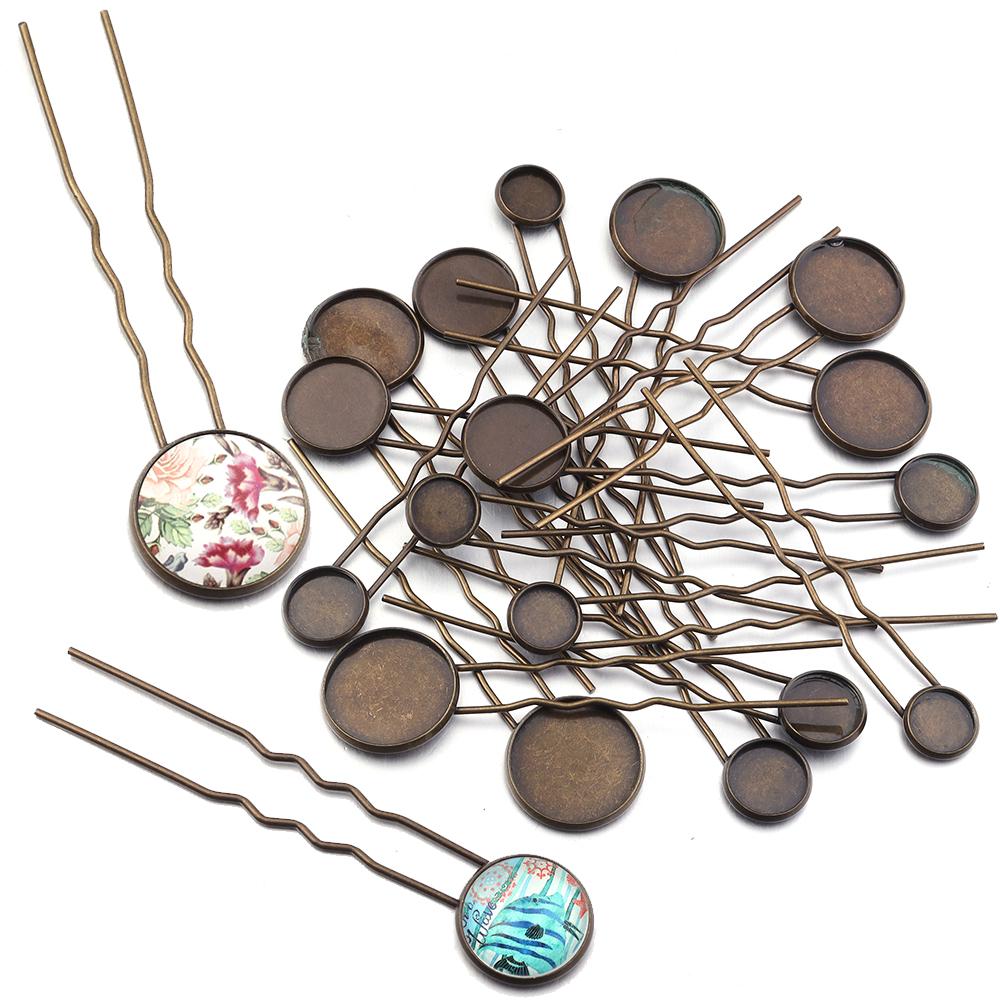 10pcs/lot Metal Hairpin Hair Clips Antique Bronze Cabochon Blank Base Setting Bezel Tray For DIY Jewelry Making Hair Accessories