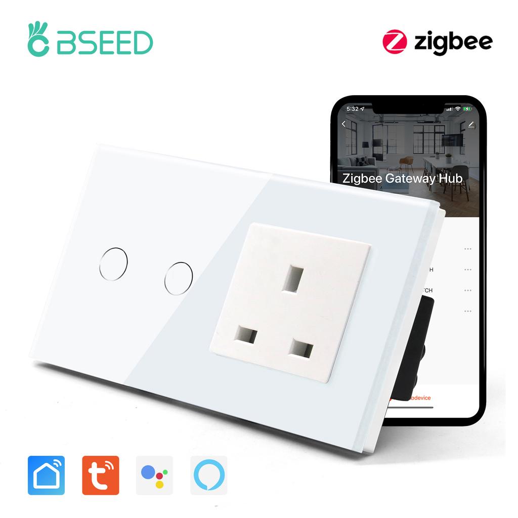 BSEED Zigbee 1/2/3Gang Touch Light Switches Tuya Smart Life App Control With Normal UK Standard Power Sockets 13A Glass Panel