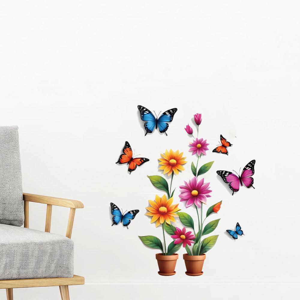 Self-adhesive Creative Colorful Butterflies Flowers Potted Plant Wall Stickers for Living Room TV Bedroom Headboard Home Decor