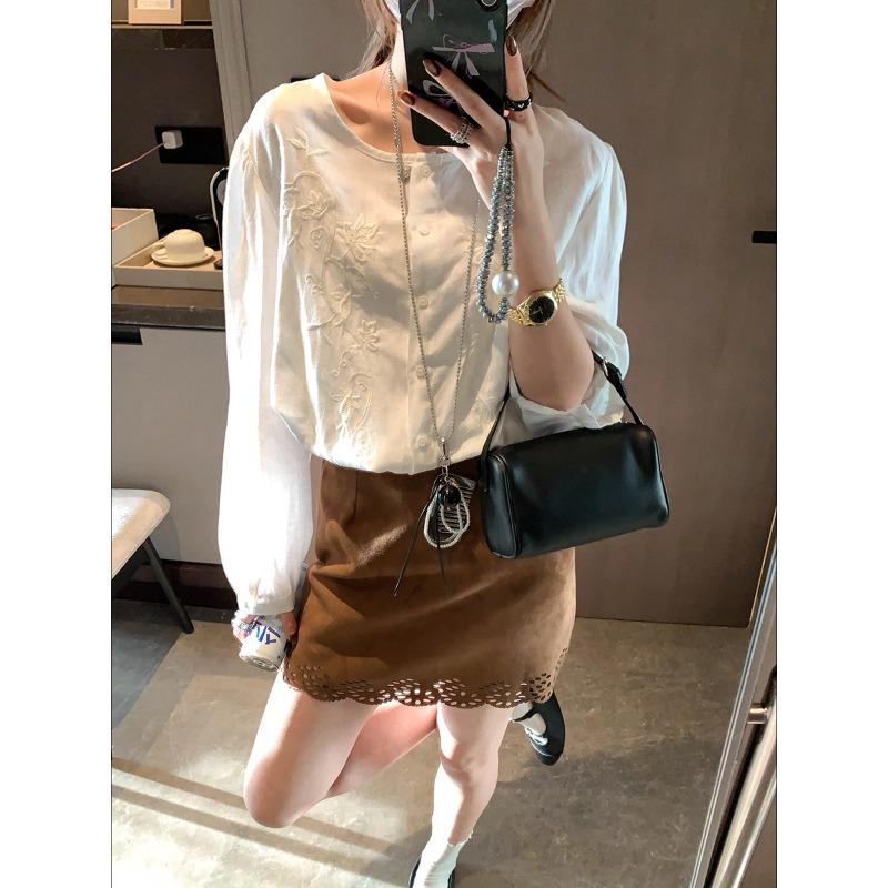 Mochie Spring Tencel Linen Embroidered Loose Long Sleeve Shirt MQ1112 One Size белый