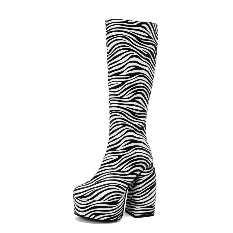 

Plus Size Catwalk Print Checkerboard Checkered Knee Boots Pattern Super Thick Heel Winter Boots Zebra Print Women s Boots 39 зебра