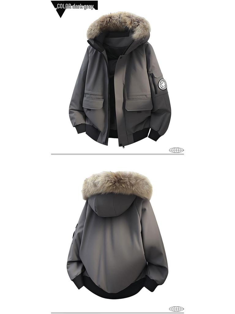 Men's Unisex Windproof Winter Workwear Down Jacket with Warm Hood & Large Fur Collar