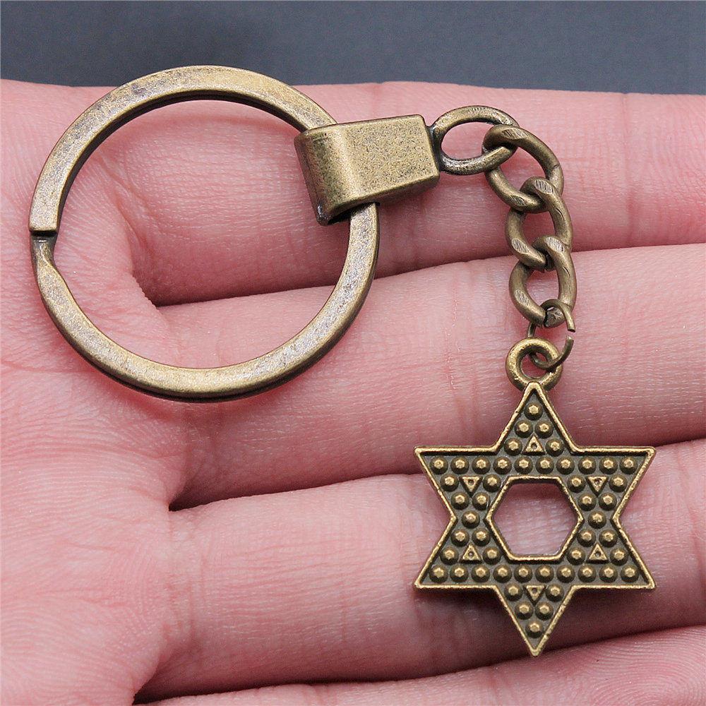 Star of David Talisman Amulet Pendant Antique Bronze Metal Keychain with 30mm Ring for Boys Bag Charm