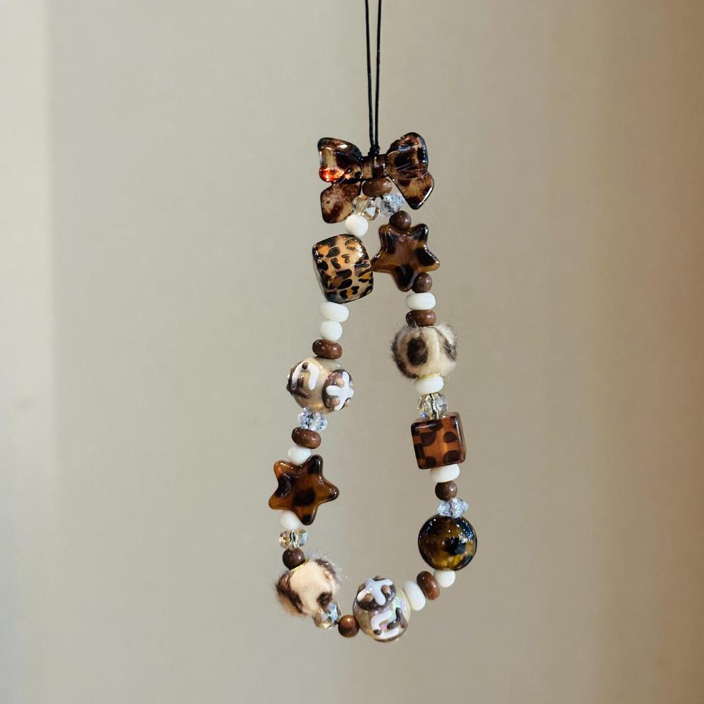Meilade Leopard Print Bow Star Phone Lanyard Wrist Chain Keychain Pendant