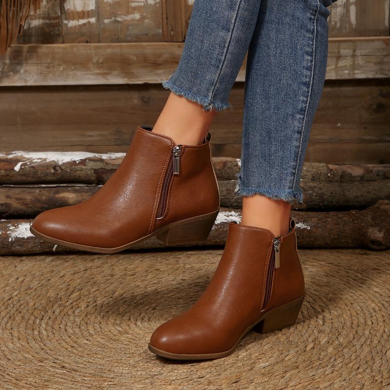Fashion Women's Fashion Block Heel Booties Fall New Round Toe Side Zipper Soft Slip Single Boots