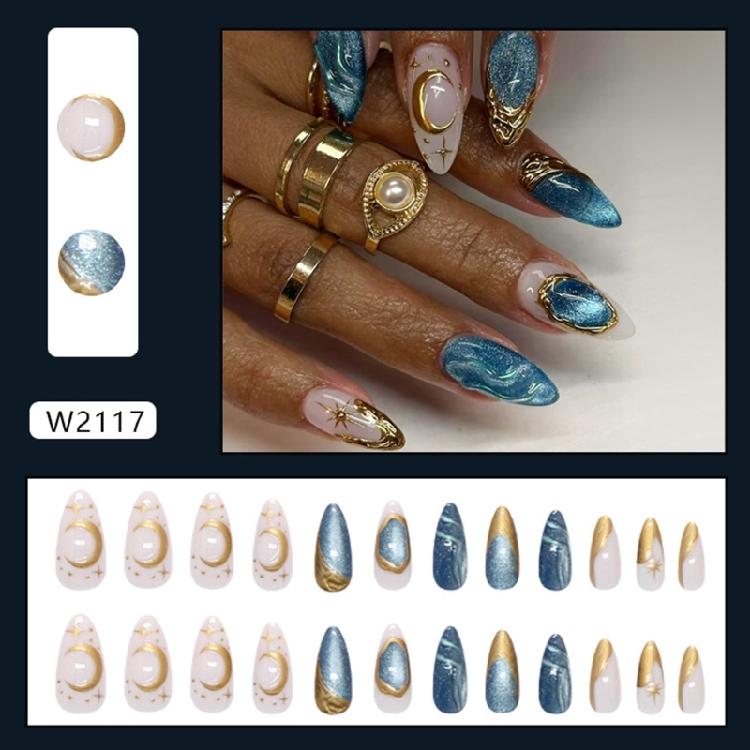 24 Piezas de Uñas Postizas Incluyendo Diseño Ojo de Gato Brillante y Estrellas del Mar Profundo Glamurosas en Material ABS para Aplicación Rápida y Looks Listos para Fiesta