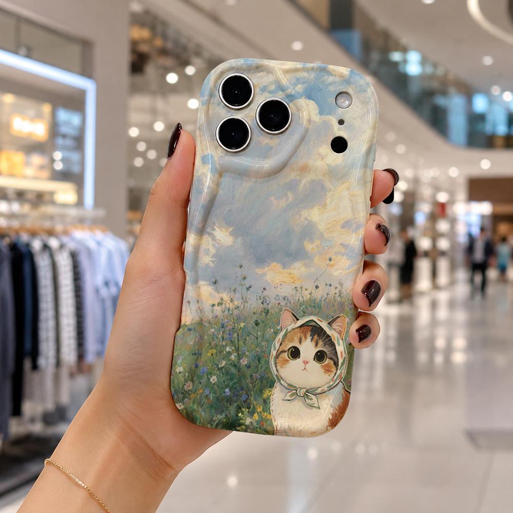 Monet Style Meadow Kitten Frame Wavy Edge Phone Case For iPhone 16 15 14 Pro Max 13 12 11 Mini XR XS SE 2020 17 Air Cover Soft TPU