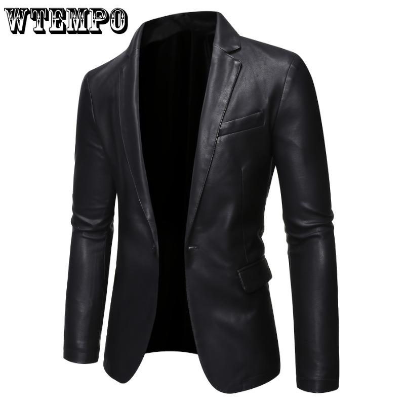 Men's Solid PU Leather Jacket with Pockets, One Button Slim-fit Lapel Outwear - for Business, Parties & Formal Occasions - for Men - PU Leather