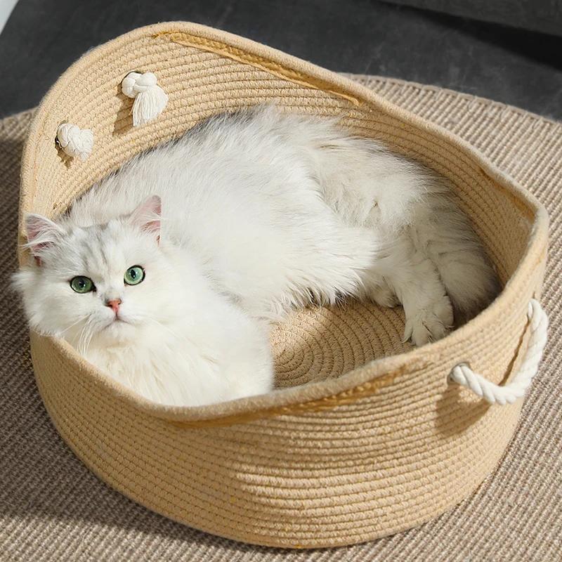 Cuccia per gatti in rattan realizzata a mano, cuccia per cuccioli, nido estivo fresco intrecciato per gatti, tappetino tiragraffi, cuscino per gatti
