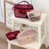 Red Mesh Makeup Bag With Ruffle Detail Love Embroidery Cute Portable Cosmetic Organizer For Girls Toiletry Pouch