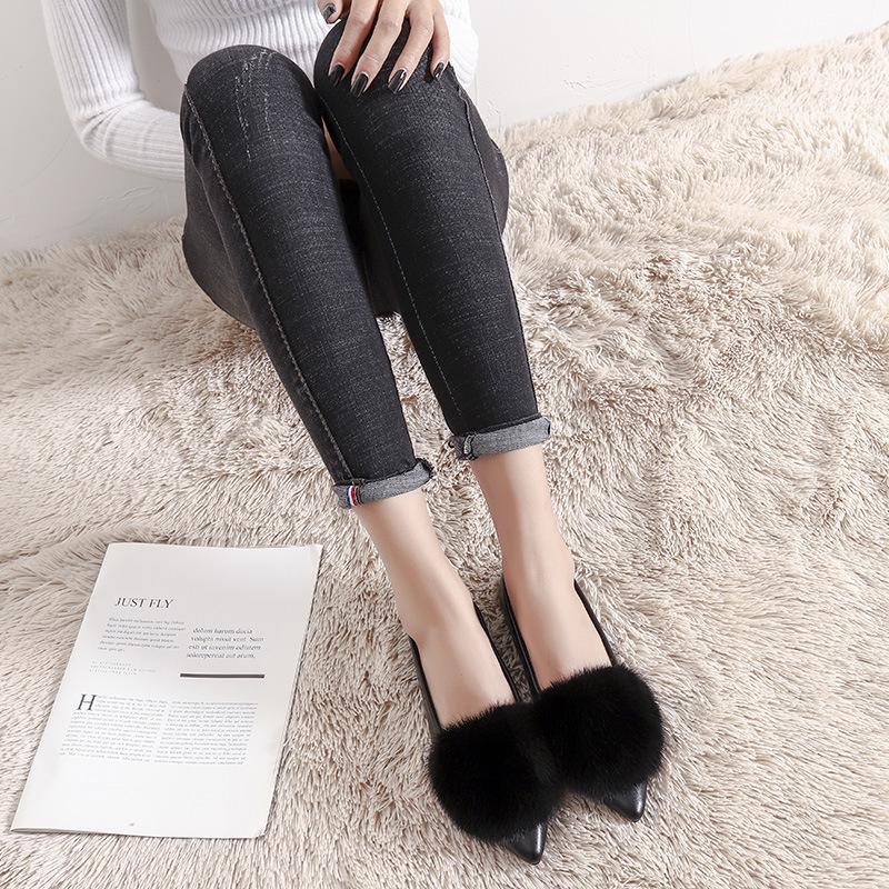 Damen 2025 Nerzfell Mokassins Loafer, Winter Samt Spitz Zehen Ballerinas, Große Größe 41