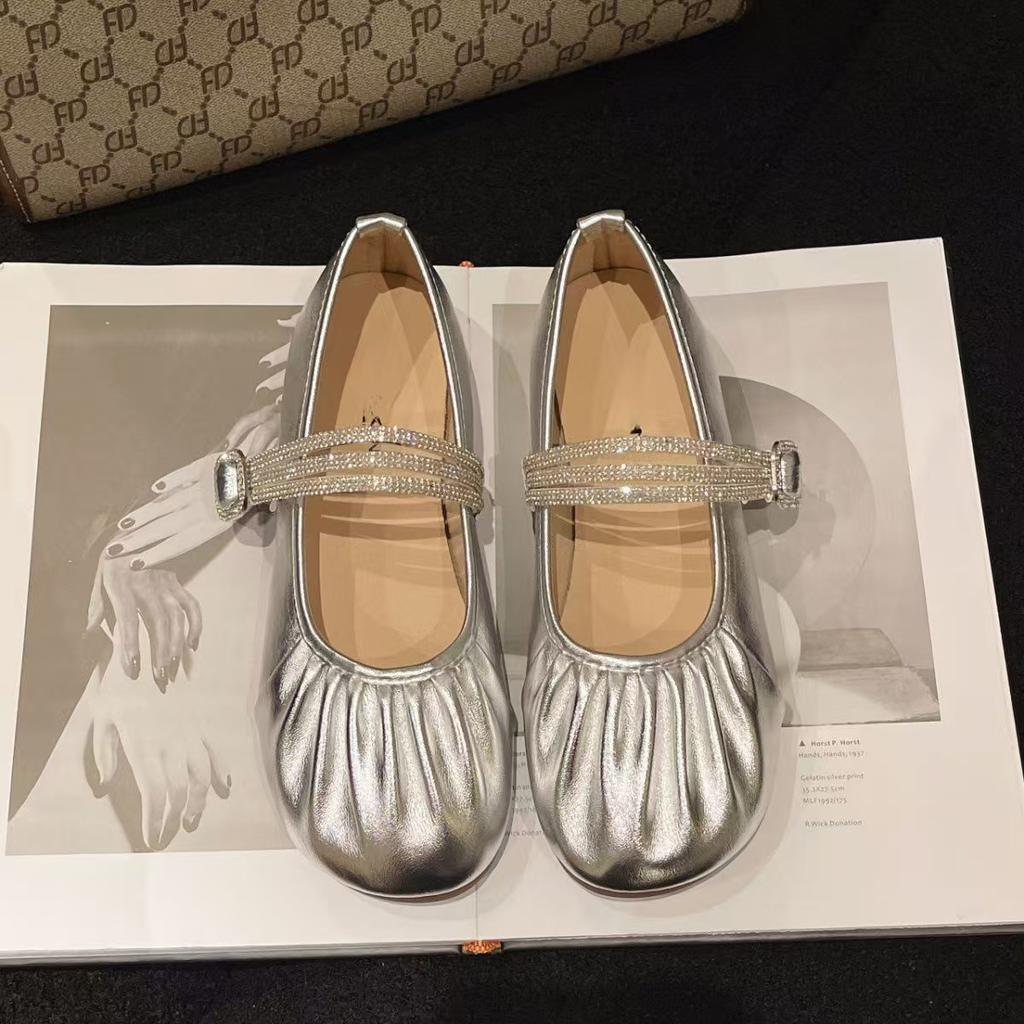 Mary Jane Women's Shoes 2025 One-word Soft-soled Single Shoes Women's Autumn New Flat-soled Buckle Night Rhinestones