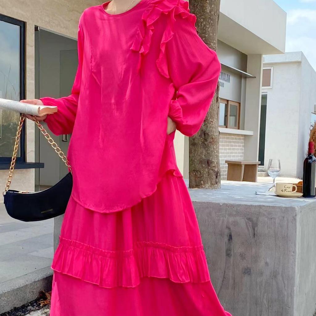 Korejský asymetrický volánkový top Dámské volné šněrování v pase zeštíhlující vydutá závěsná sukně s velkým švihem 2 dva kusy