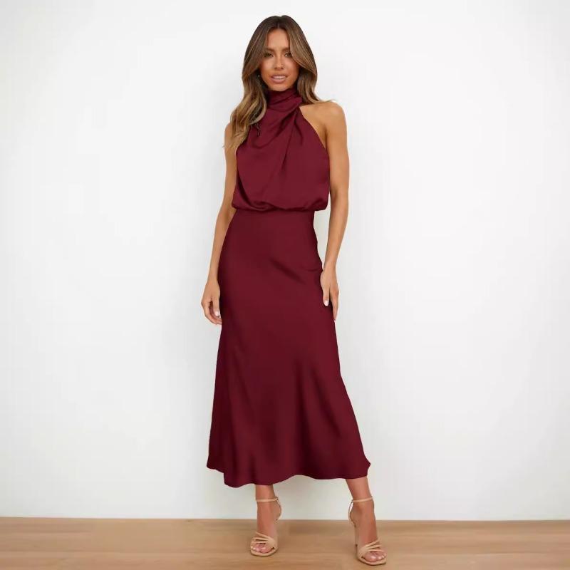 Europe, America, Spring and Summer New Solid Color High-end Satin Sleeveless Dress Fashionable and Elegant Temperament Light Evening Dress