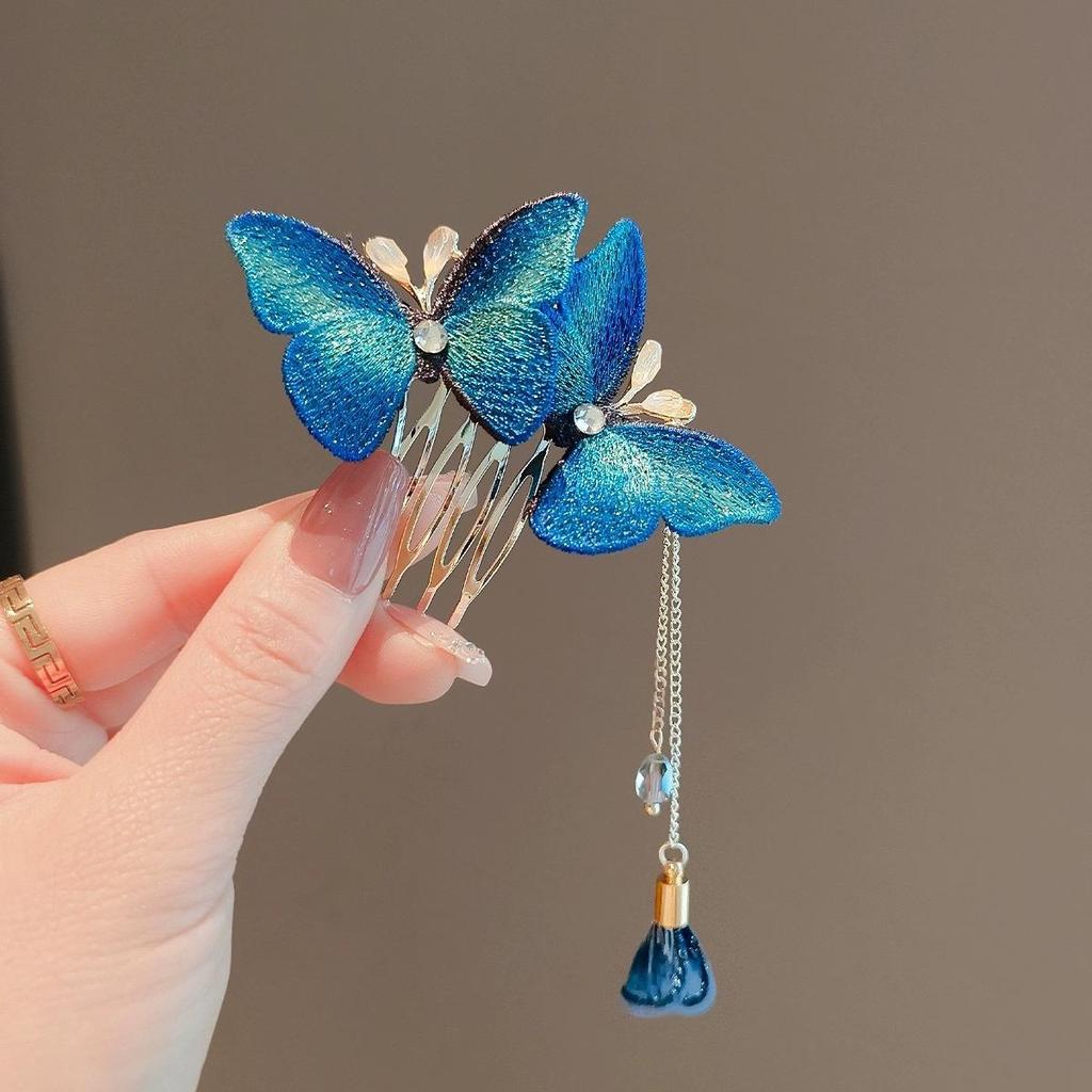 Eleganter blauer bestickter Schmetterling Haarkamm - Antiker Stil Hochsteckfrisur Accessoire