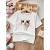 European Sizes Cute Cat Print Round Neck Short Sleeve T-Shirt for Girls - Summer New Arrival Children's Clothing with Cartoon Pattern