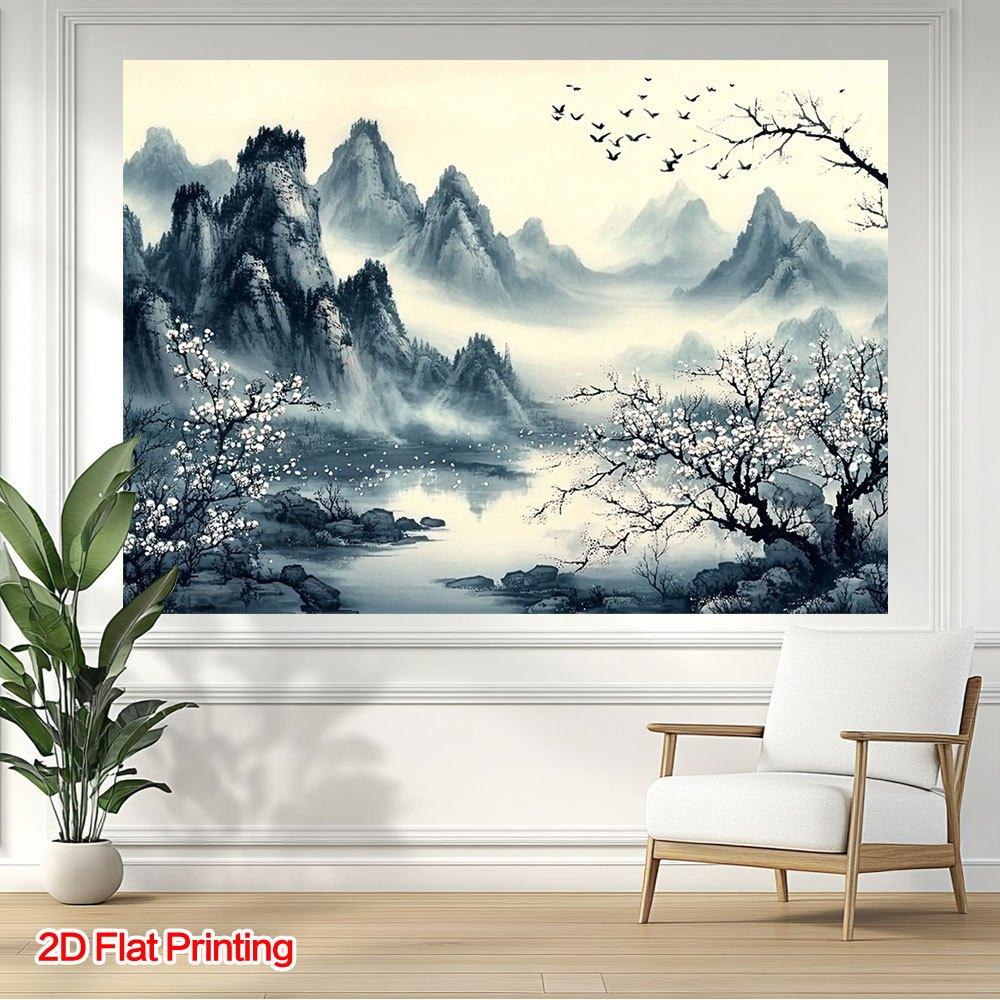 One 2D Chinese ink landscape photo background fabric, made of polyester fabric, suitable for use in homes, gardens or studios.
