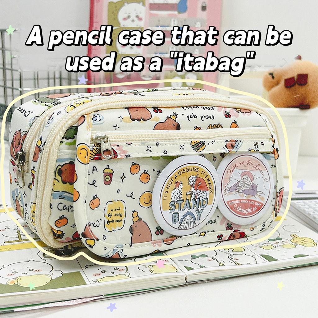 Capybara Cartoon Print Pencil Case Multi-functional INS Flip Over Pen Bag for Student Large Capacity Stationery Storage Pouch