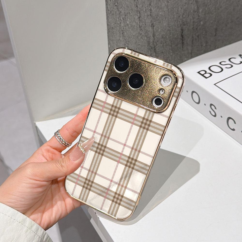 

Lucky Start Phone Case For iPhone 17 16 15 14 13 12 11 Pro Max 16E Gold Electroplated glass shell Brown and Pink Checkerboard Cover IPHONE14PLUS