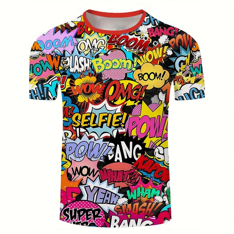 Cartoon Text Graffiti Graphic T-Shirts Summer  Round Neck  Hip Hop Street Short Sleeves Tops