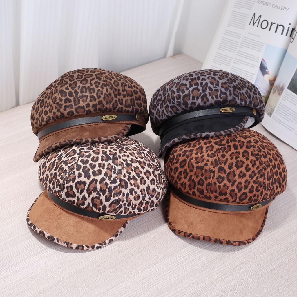 American retro spice leopard print beret women's new niche yk millennium octagonal newsboy painter hat