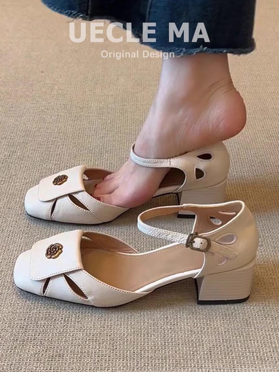 

Sheepskin~ French bag head sandals women s summer wear thick heels with skirts, beautiful high heels, hollow Mary Jane single shoes 34