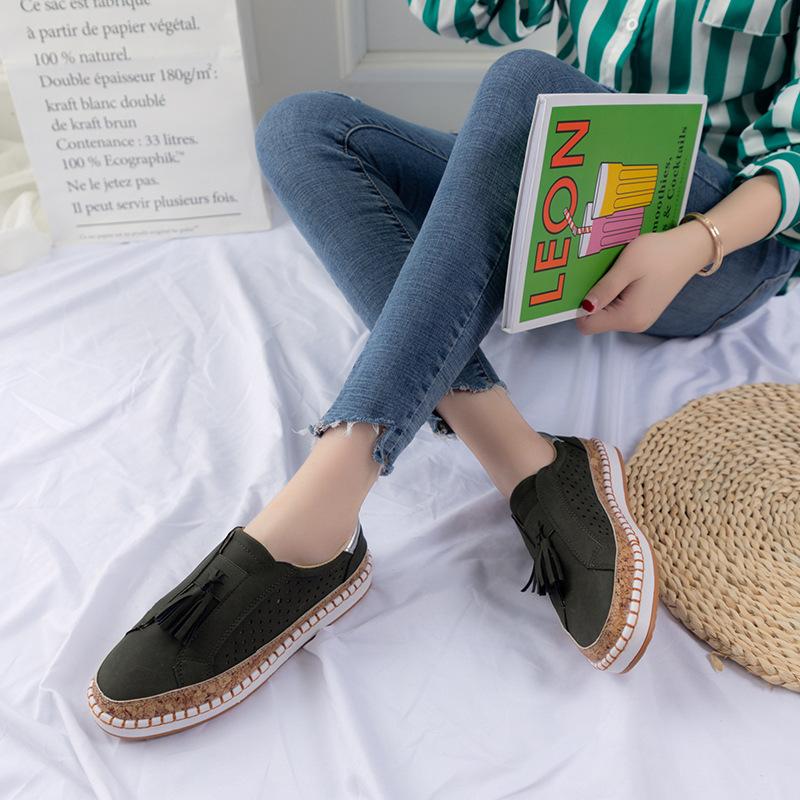 Large size women's shoes summer new retro round head elastic hollow single shoes casual tassel flat baseplate shoes