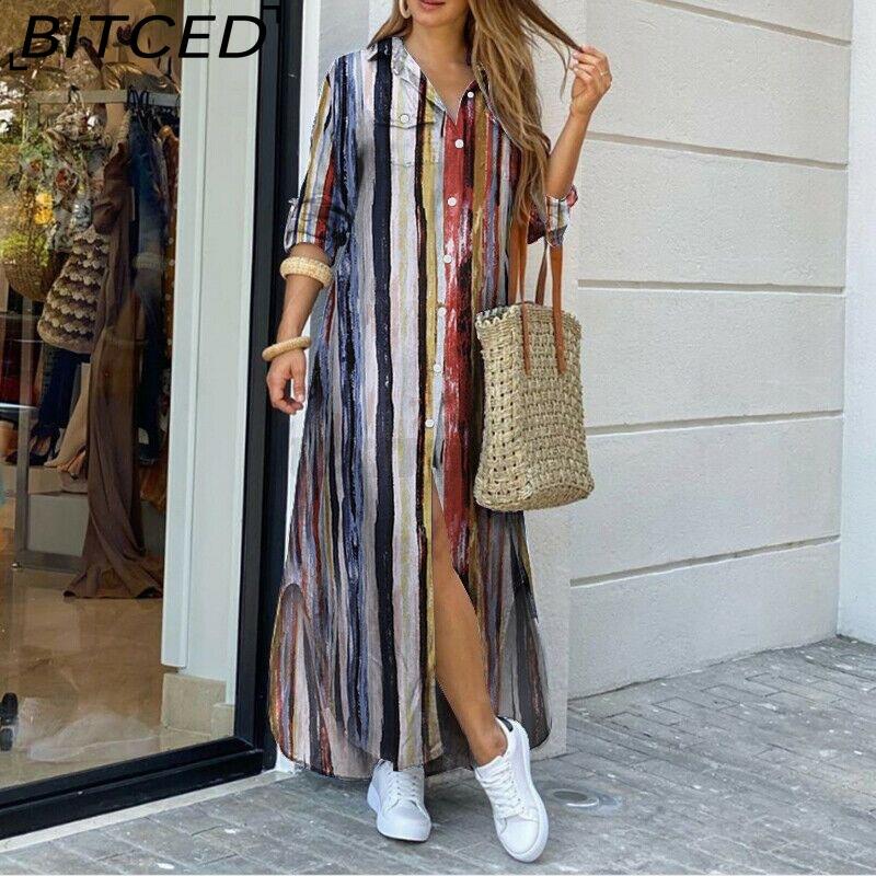 BITCED Women's Spring/Autumn Fashion: Sensual Single-Breasted Button-Down Shirt Dress Loose-Fitting Polo Neck Dress