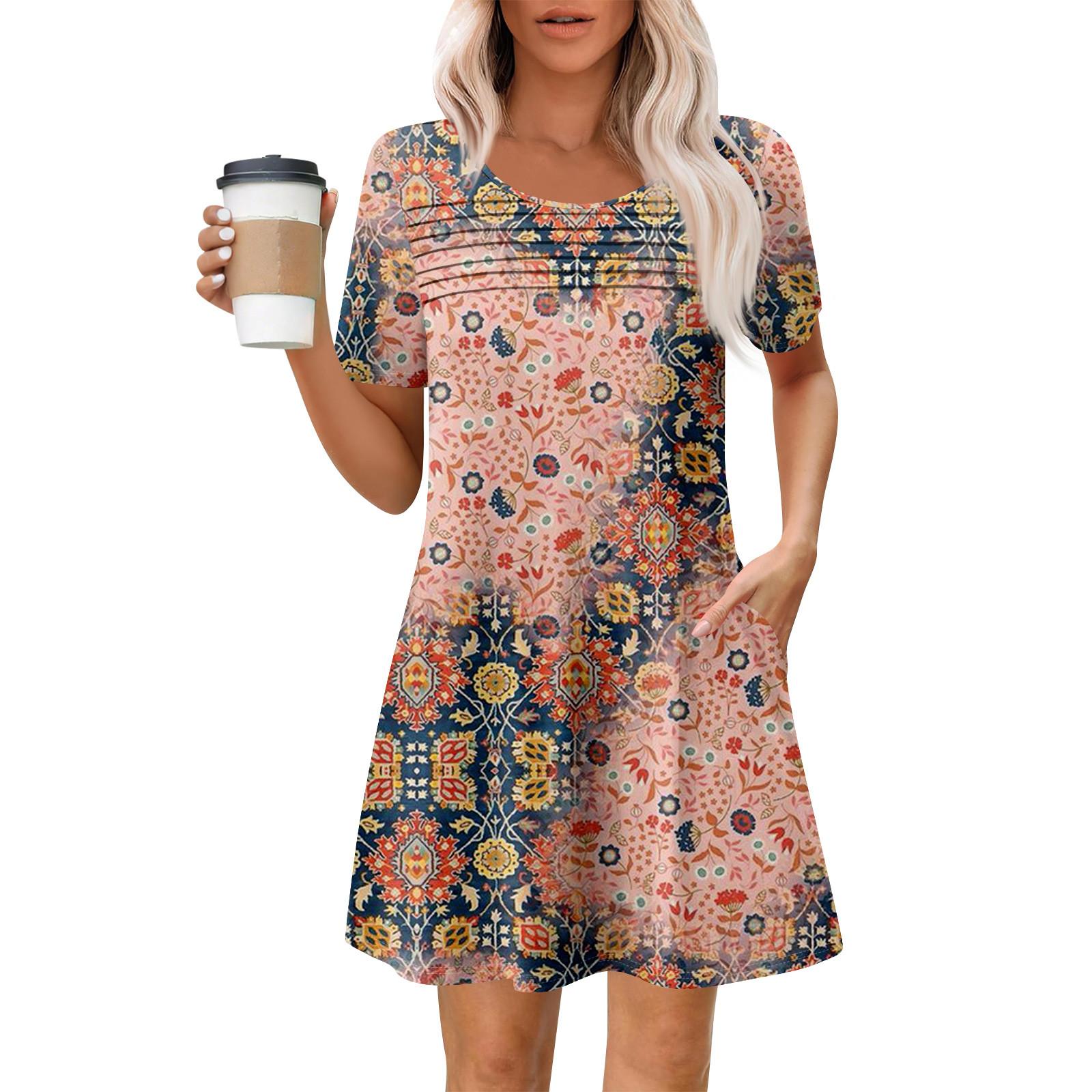 

Женские летние повседневные платья с круглым вырезом, плиссированные, с карманами, с принтом, с коротким рукавом XL розовый