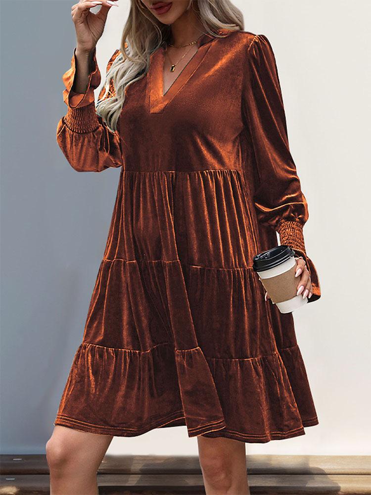2026 Elegant Velvet Party Dress - Long Sleeve Solid Color