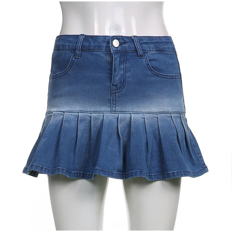 Fashion Denim Pleated Skirt Women High Waist Button Zipper Pocket Ruffle A-line Sexy Mini Skirts Female 2025 Spring Summer Lady Skirt