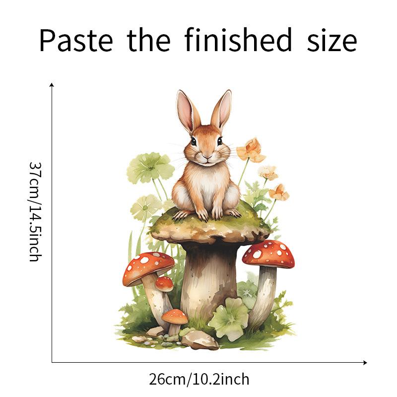 Playful Rabbit with Mushrooms and Flowers Wall Sticker Self-Adhesive Removable Decal for Kids Room Bedroom Living Room Home Decor