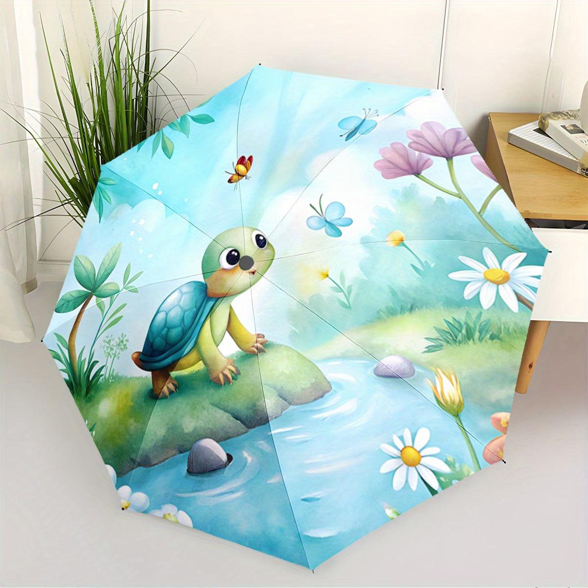 Folding umbrella Colorful turtle by a stream, surrounded by flowers and butterflies Creative portable folding umbrella, suitab