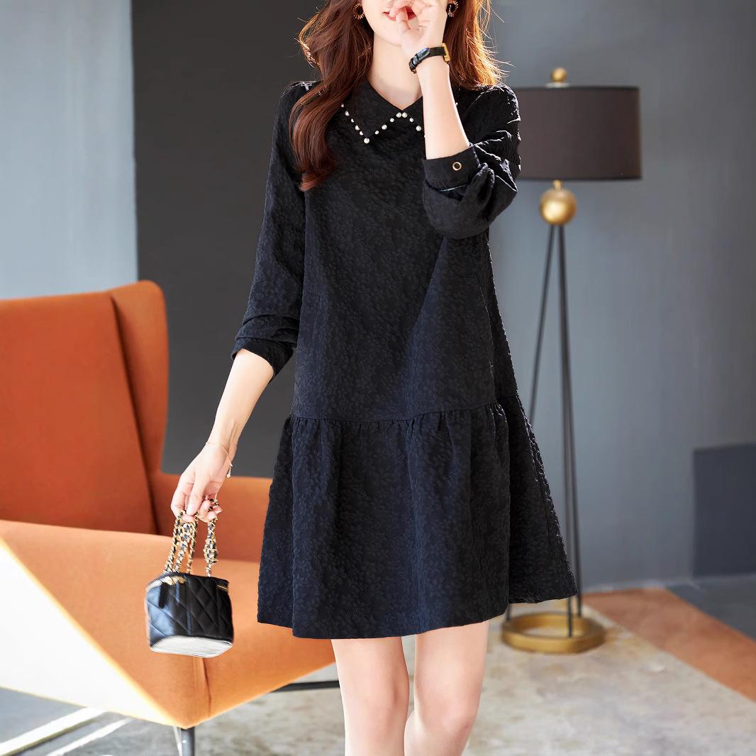 

Лацкан с гвоздями и бусинами, осенне-зимнее платье с длинными рукавами из жаккарда, новый стиль, узкая юбка средней длины, воротник-поло XL чёрный